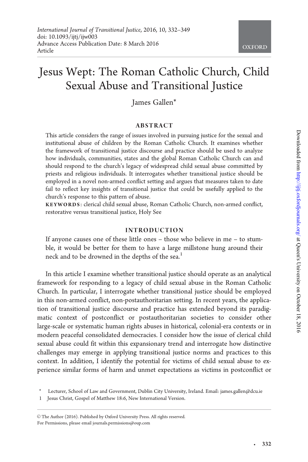 The Roman Catholic Church, Child Sexual Abuse and Transitional Justice James Gallen*