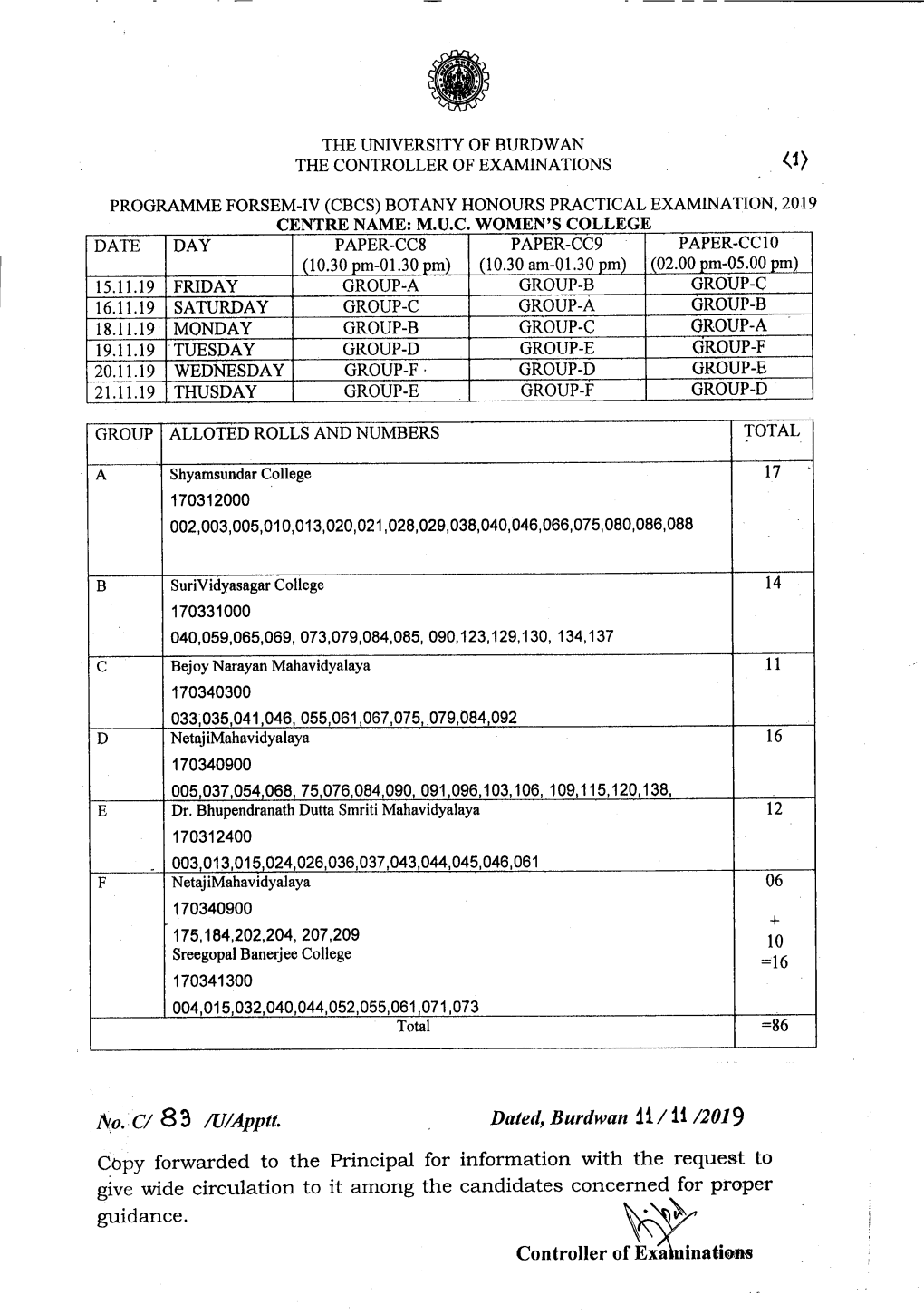 JV.Oe : C/83 /Uiapptt. Dated, Burdwan Iii 11/2019