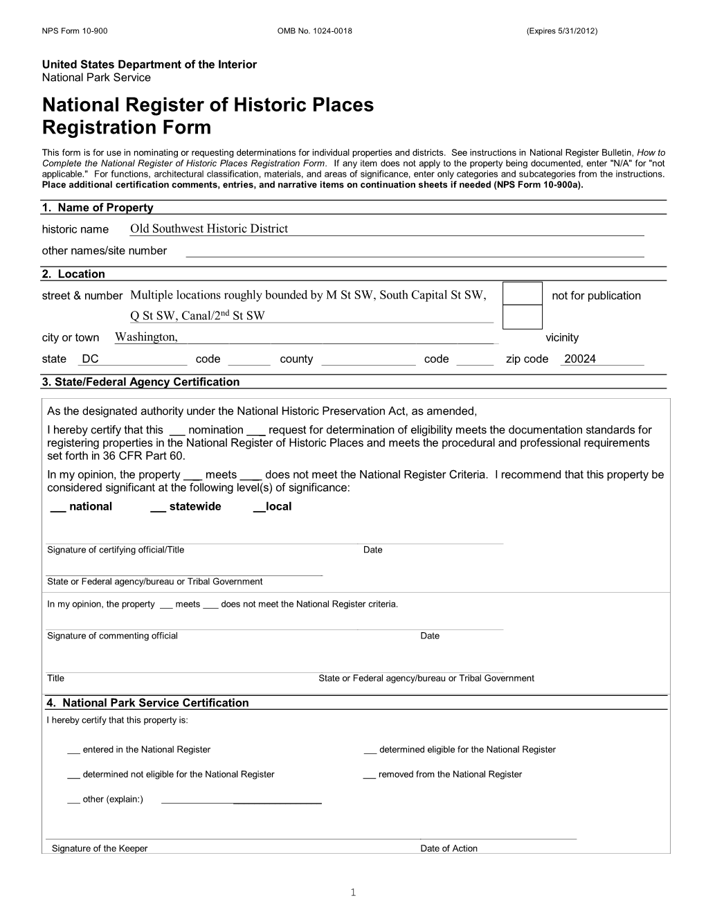 NPS Form 10 900 OMB No. 1024 0018