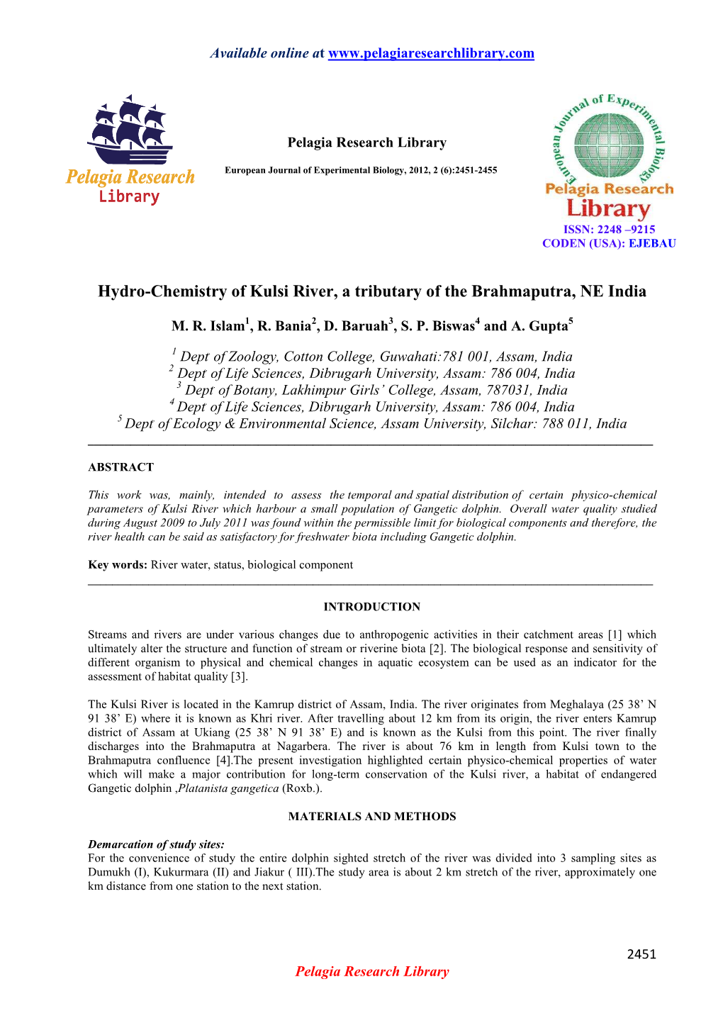 Hydro-Chemistry of Kulsi River, a Tributary of the Brahmaputra, NE India