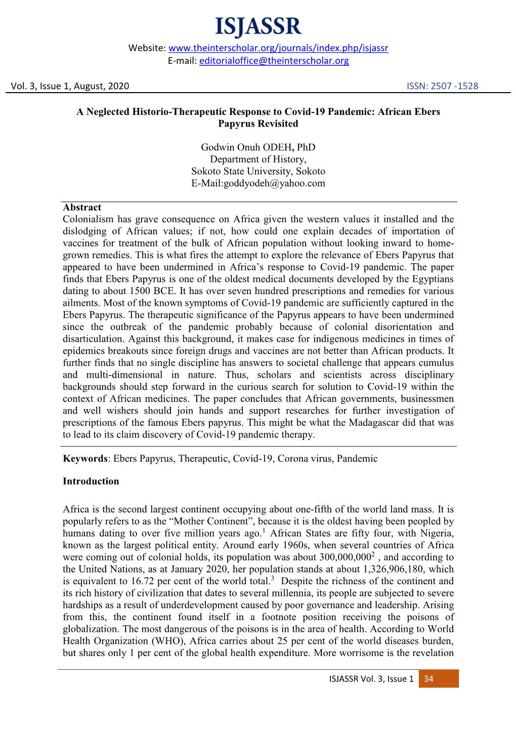 A Neglected Historio-Therapeutic Response to Covid-19 Pandemic: African Ebers Papyrus Revisited Godwin Onuh ODEH, Phd Departme