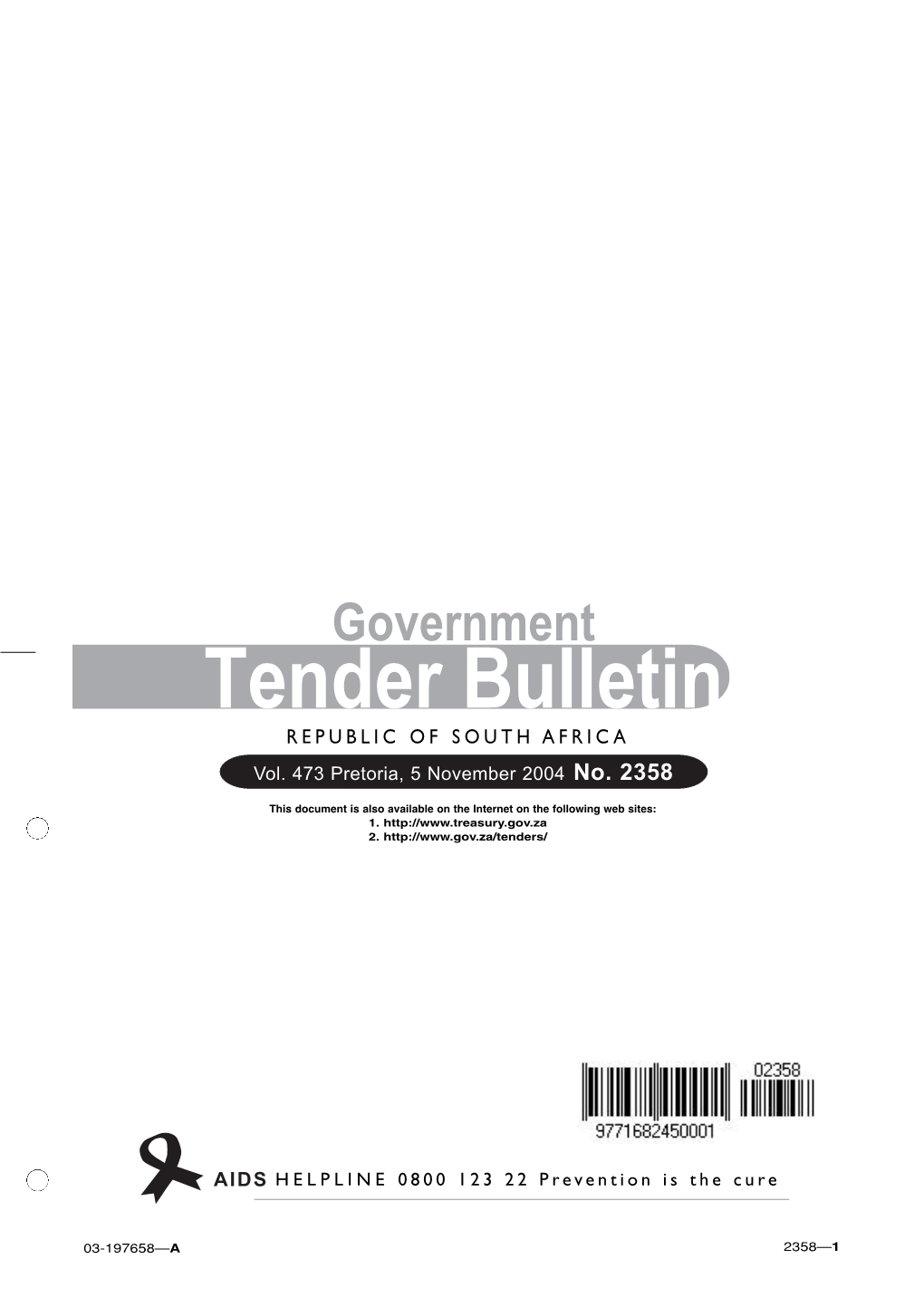 Tender Bulletin REPUBLICREPUBLIC of of SOUTH SOUTH AFRICAAFRICA Vol