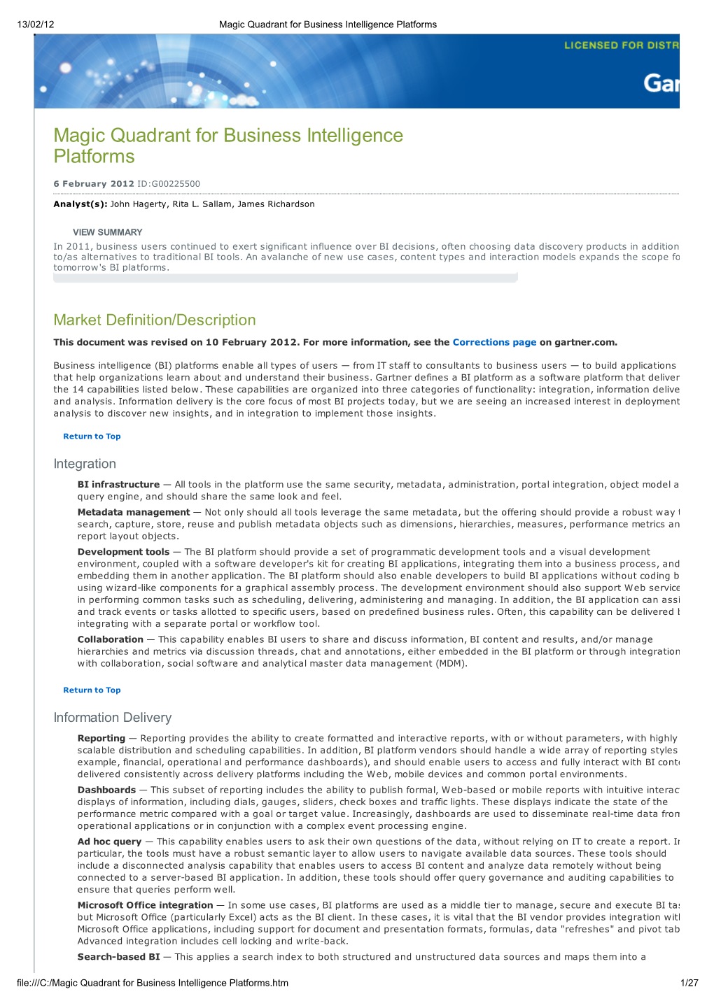 Magic Quadrant for Business Intelligence Platforms