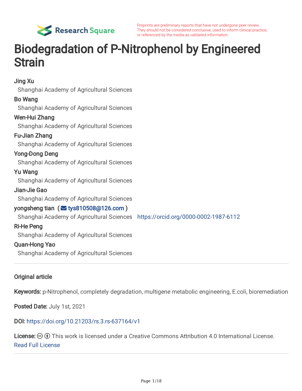 Biodegradation of P-Nitrophenol by Engineered Strain