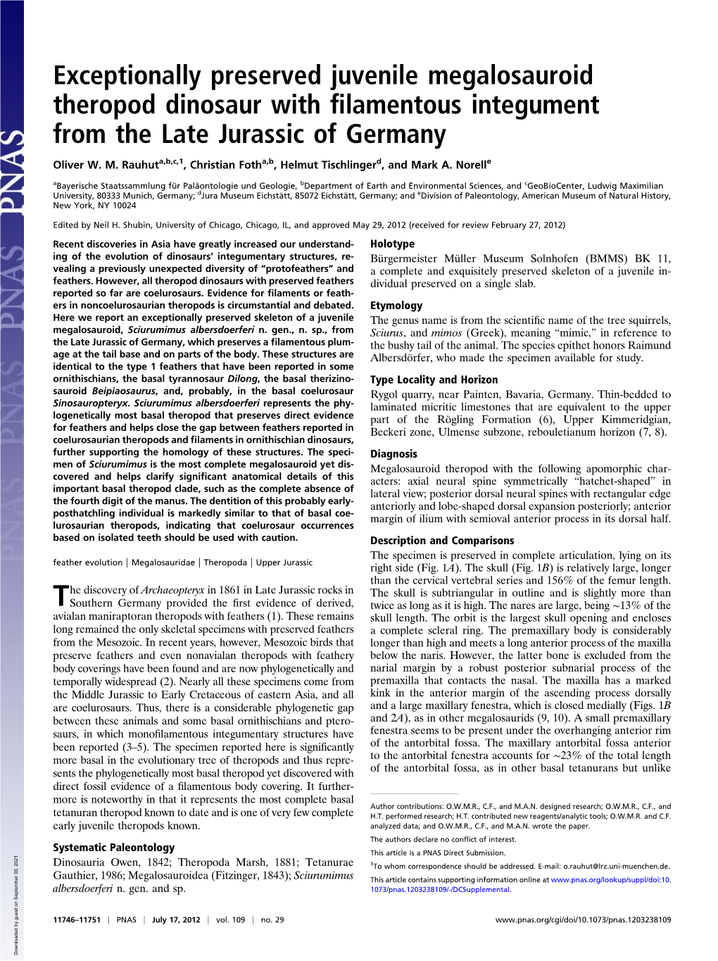 Exceptionally Preserved Juvenile Megalosauroid Theropod Dinosaur with ﬁlamentous Integument from the Late Jurassic of Germany