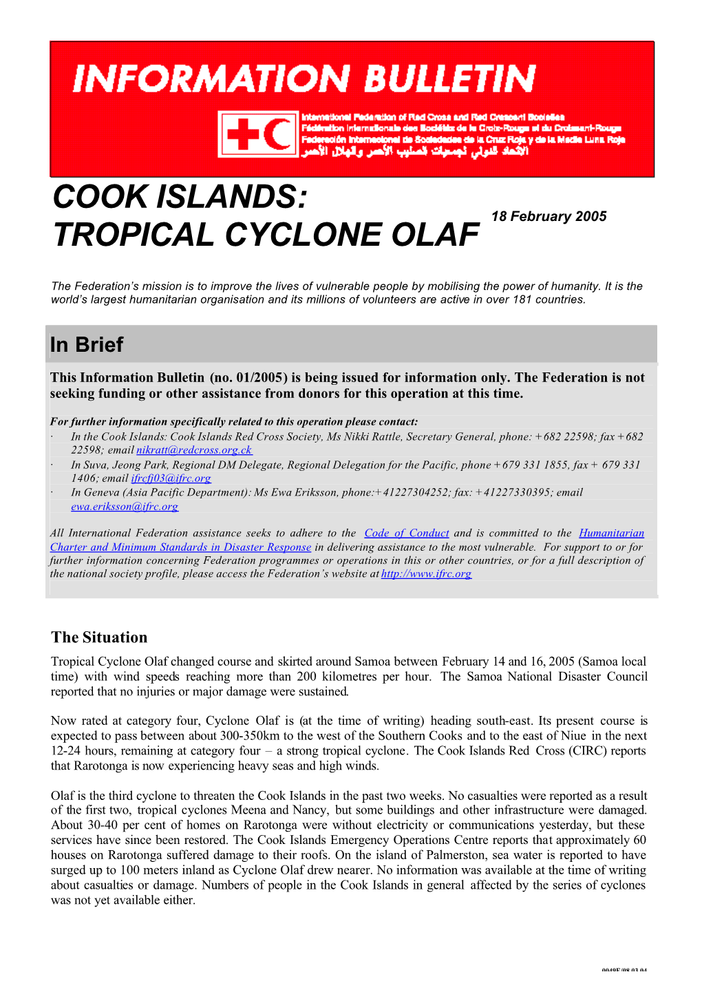 Cook Islands: Tropical Cyclone Olaf; Information Bulletin No