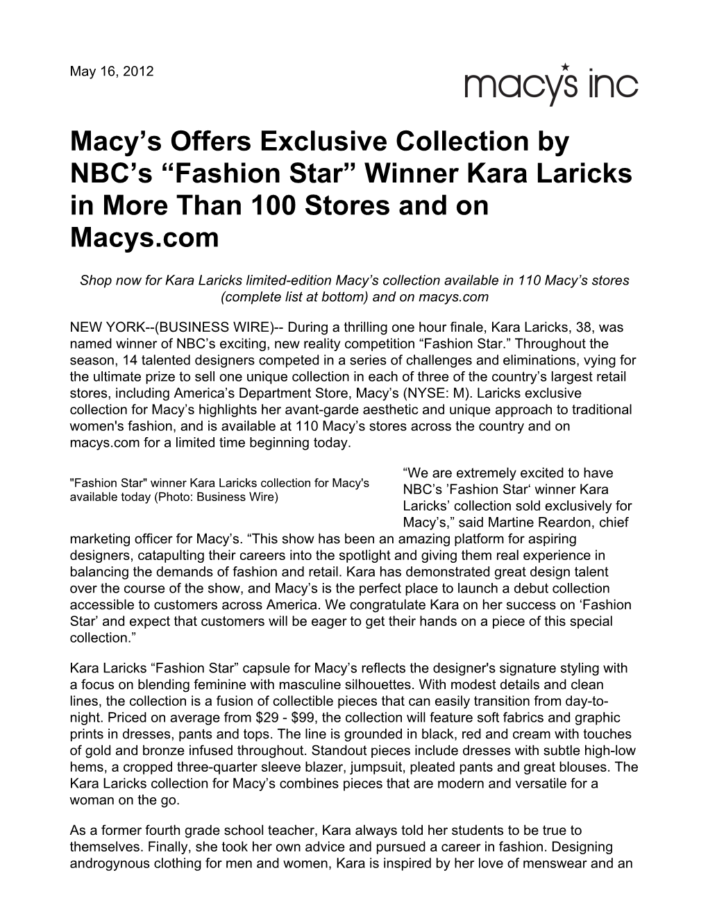 Macy's Offers Exclusive Collection by NBC's “Fashion Star” Winner Kara