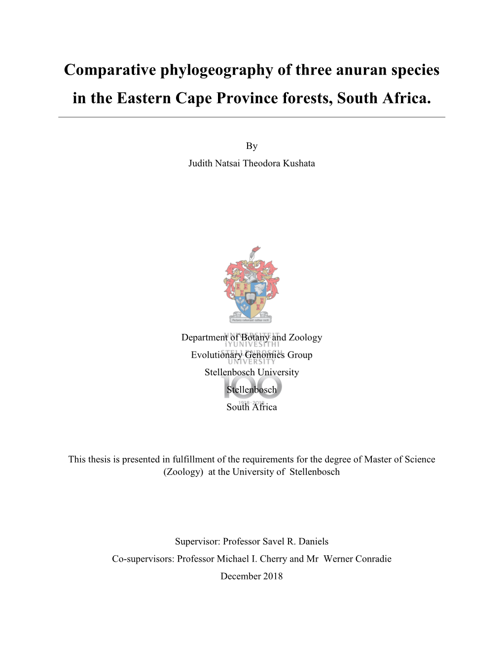 Comparative Phylogeography of Three Anuran Species in the Eastern Cape Province Forests, South Africa