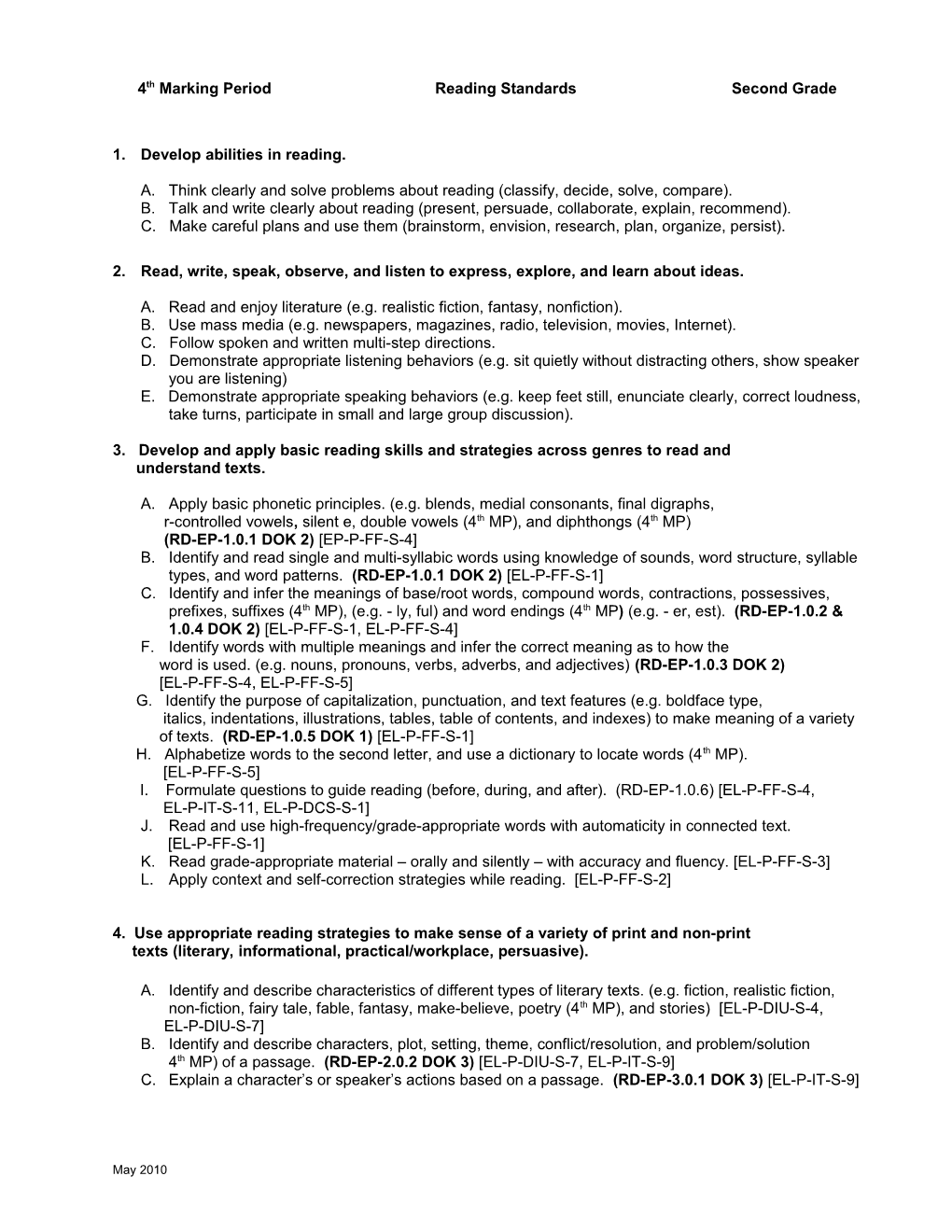 3Rd Marking Period Reading Standards Second Grade