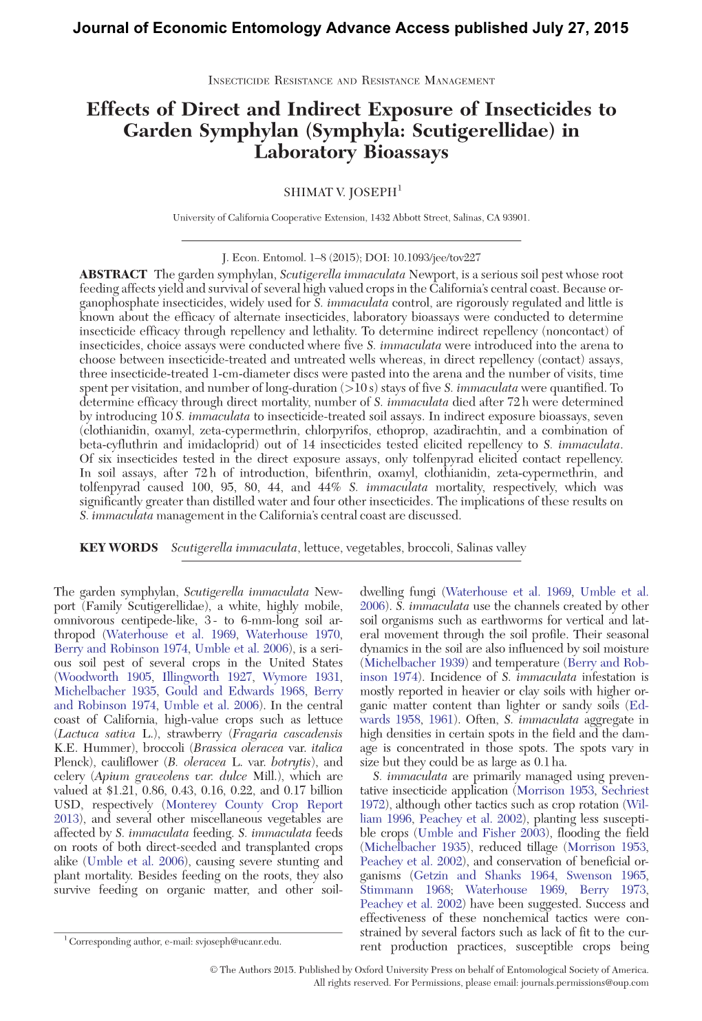 Effects of Direct and Indirect Exposure of Insecticides to Garden Symphylan (Symphyla: Scutigerellidae) in Laboratory Bioassays