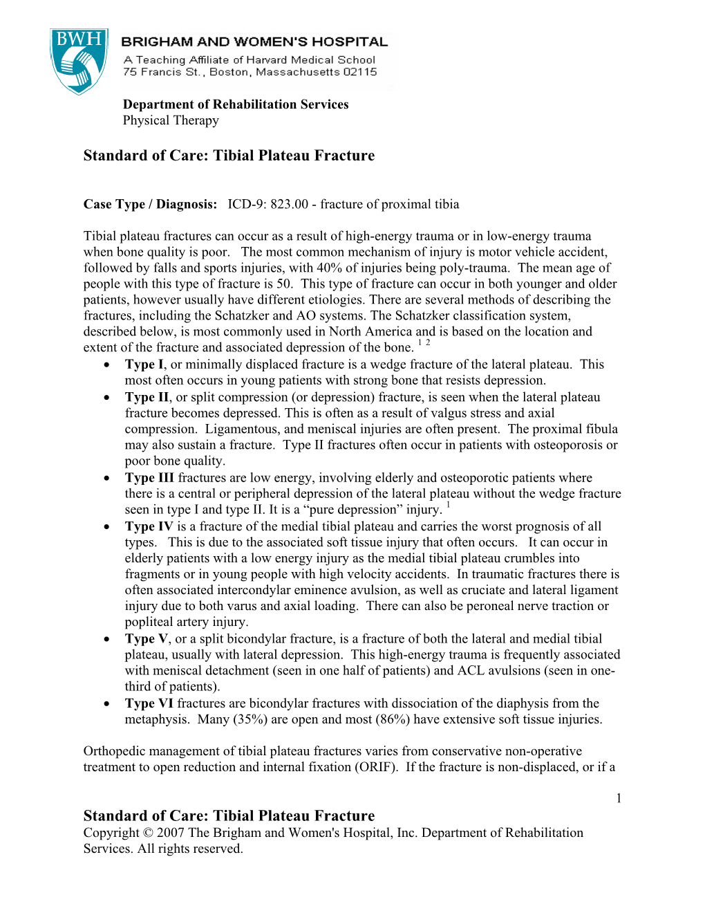 Standard of Care: Tibial Plateau Fracture