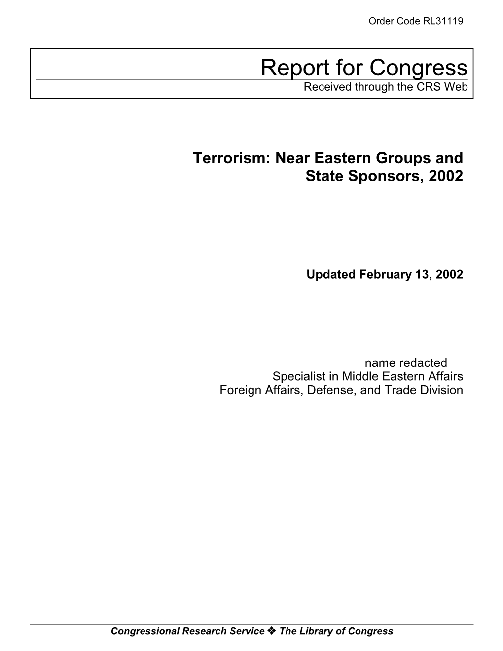 Terrorism: Near Eastern Groups and State Sponsors, 2002