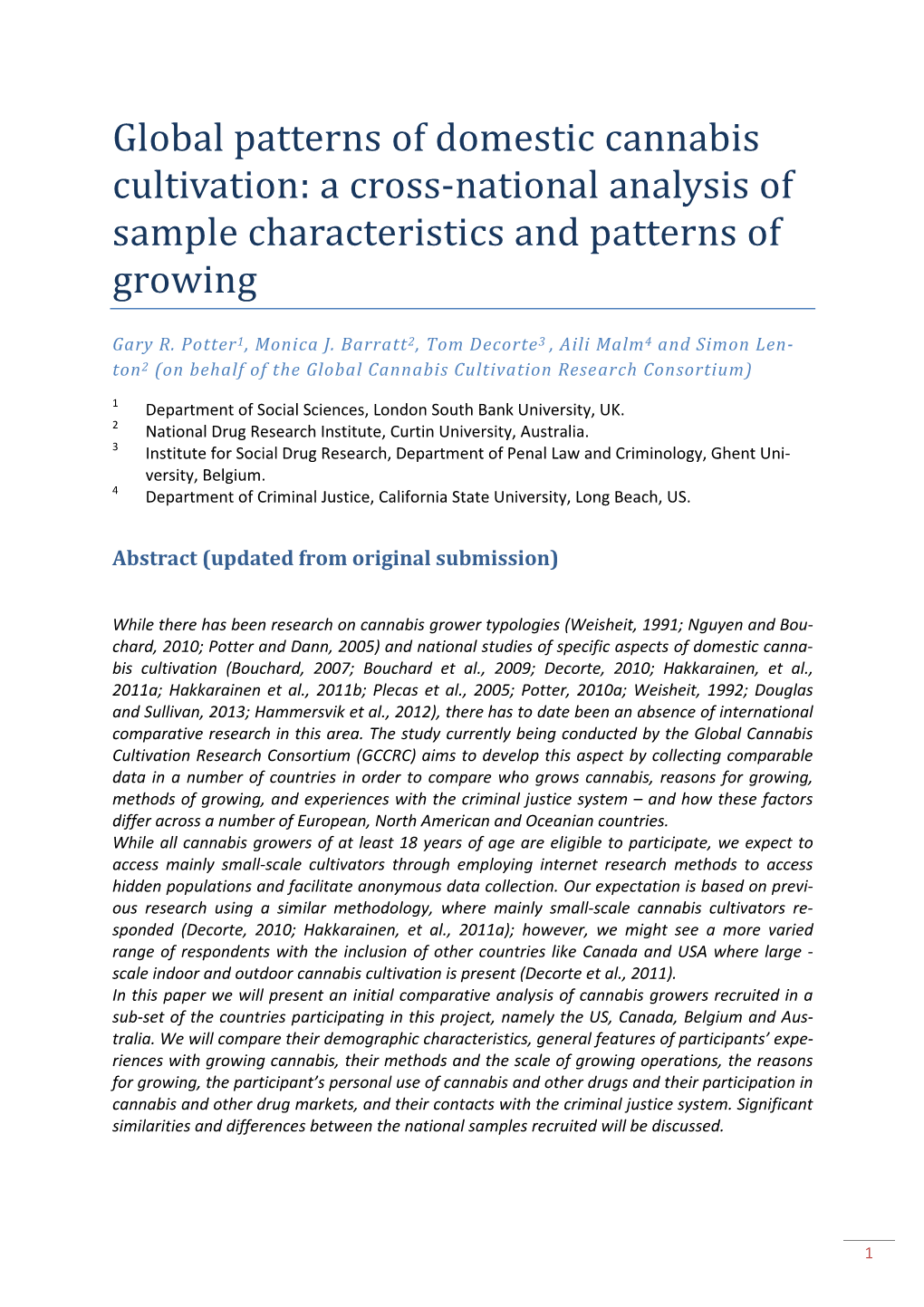 ISSDP 2013 Global Patterns of Domestic Cannabis Cultivation