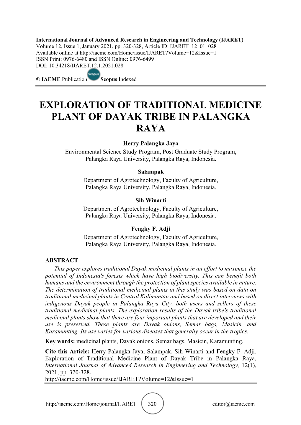 Exploration of Traditional Medicine Plant of Dayak Tribe in Palangka Raya