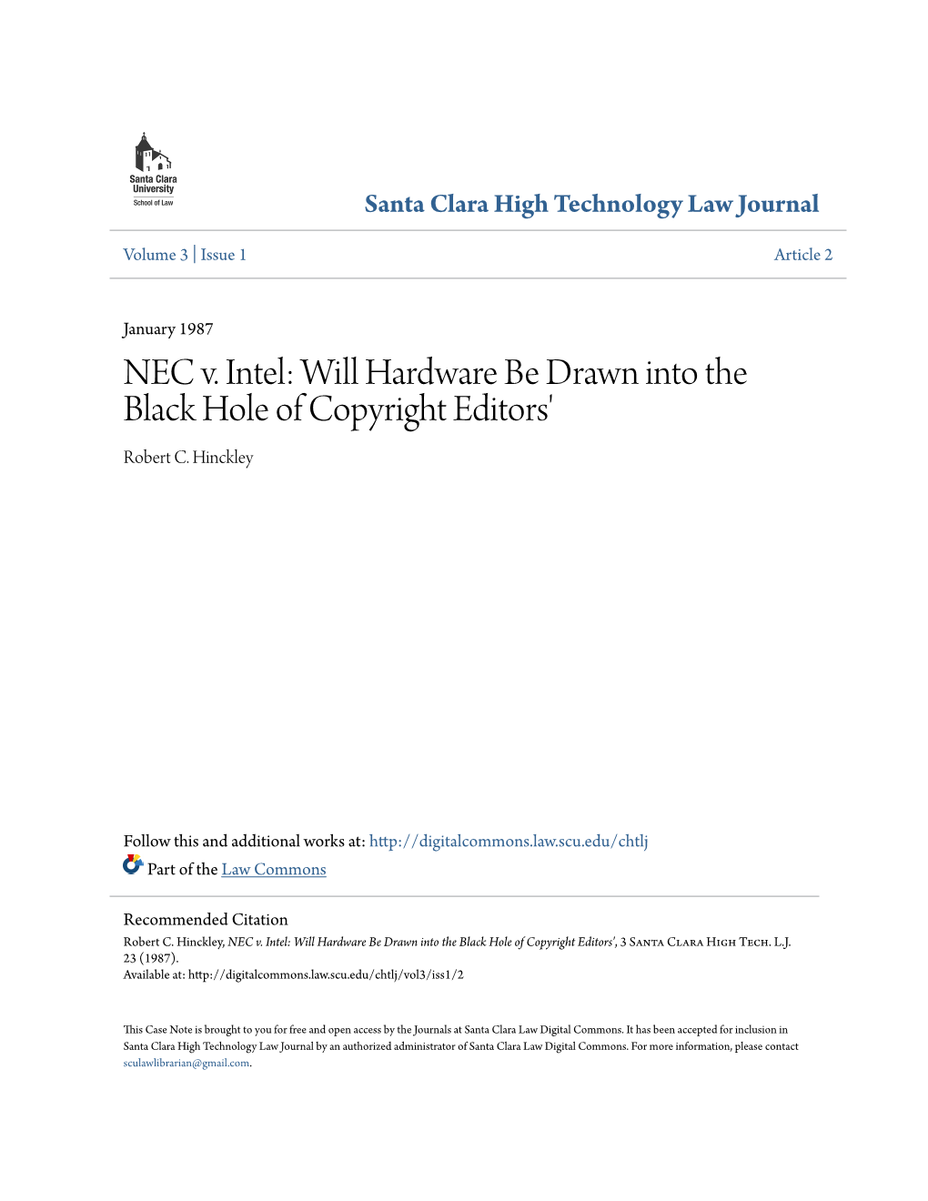 NEC V. Intel: Will Hardware Be Drawn Into the Black Hole of Copyright Editors' Robert C