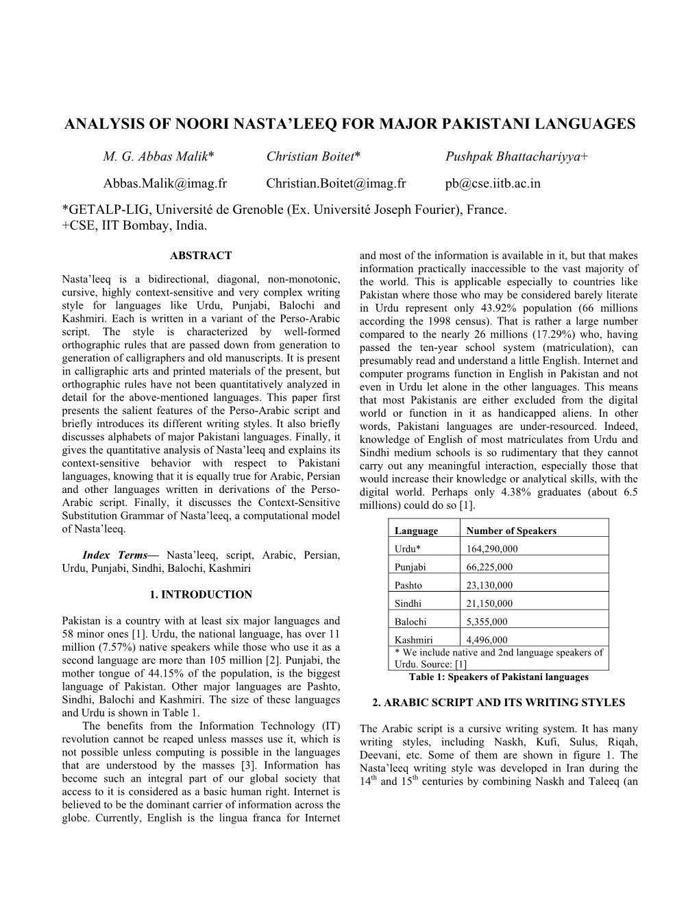 Analysis of Noori Nasta'leeq for Major Pakistani