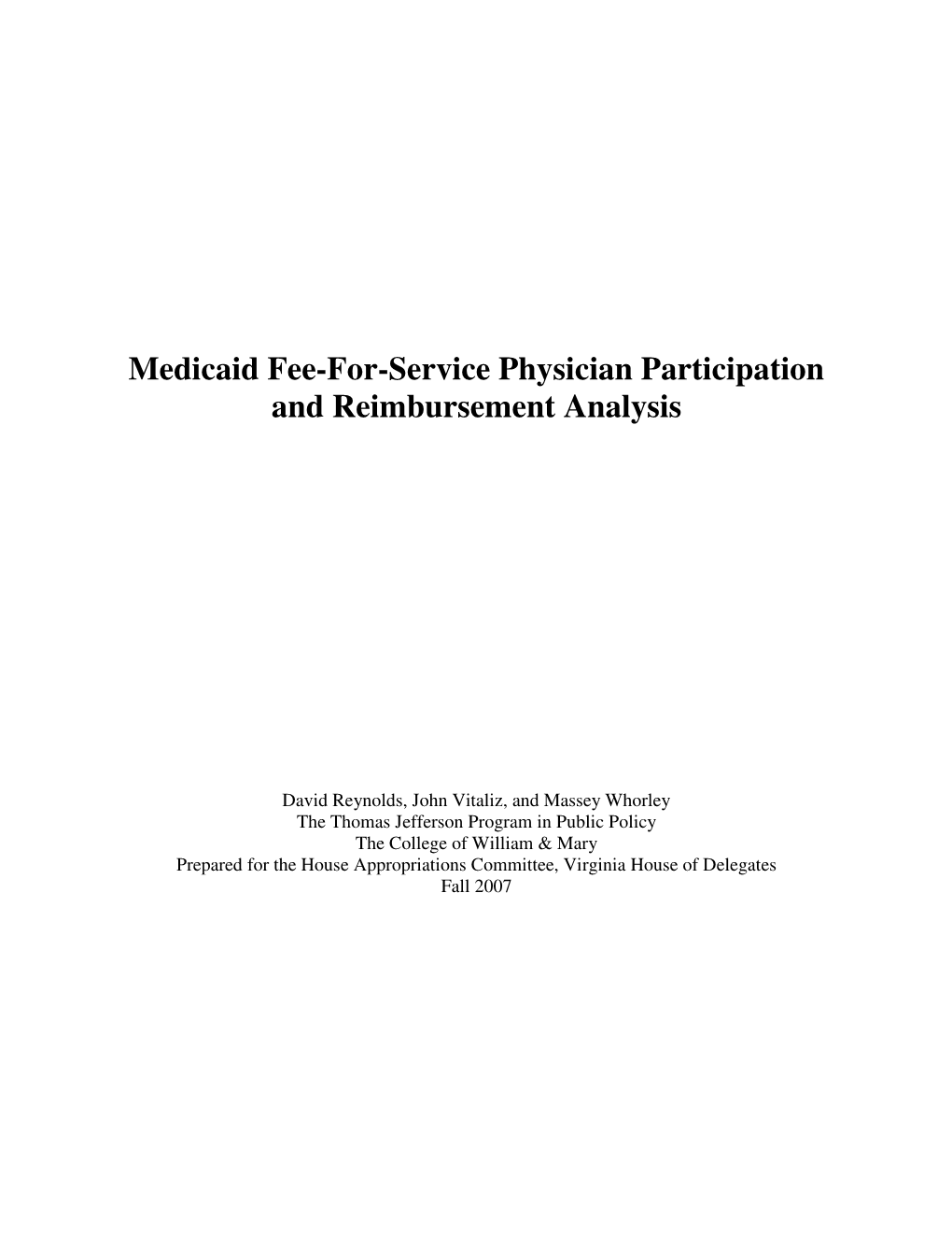 Medicaid Fee-For-Service Physician Participation and Reimbursement Analysis
