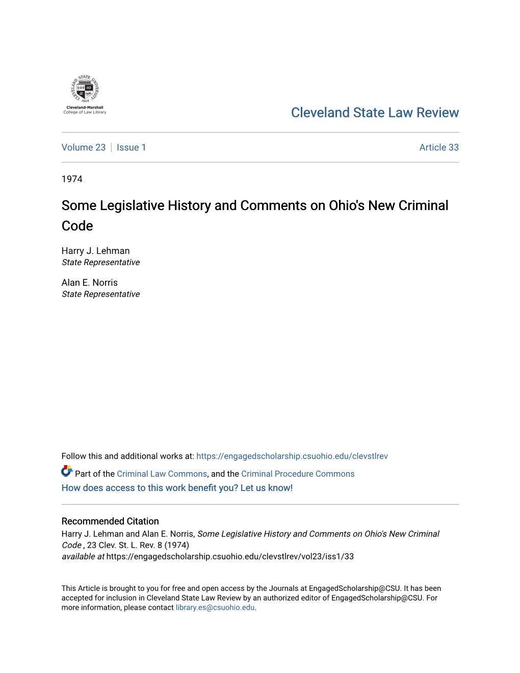 Some Legislative History and Comments on Ohio's New Criminal Code