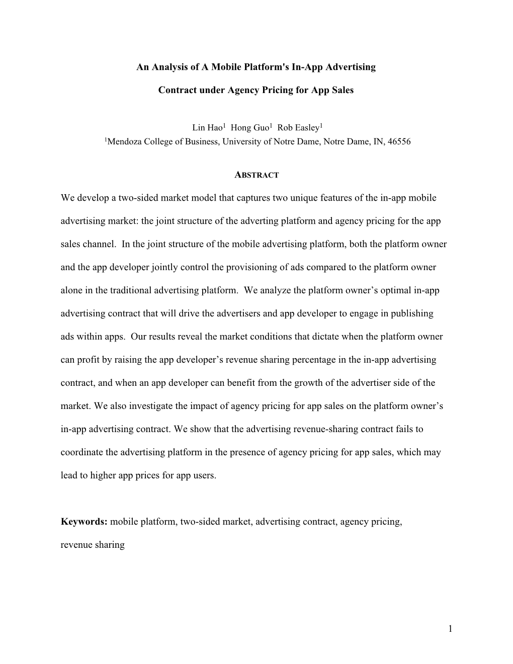1 an Analysis of a Mobile Platform's In-App Advertising Contract Under