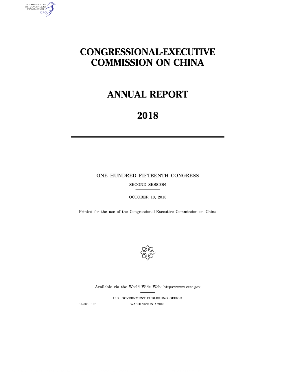 Congressional-Executive Commission on China Annual Report 2018