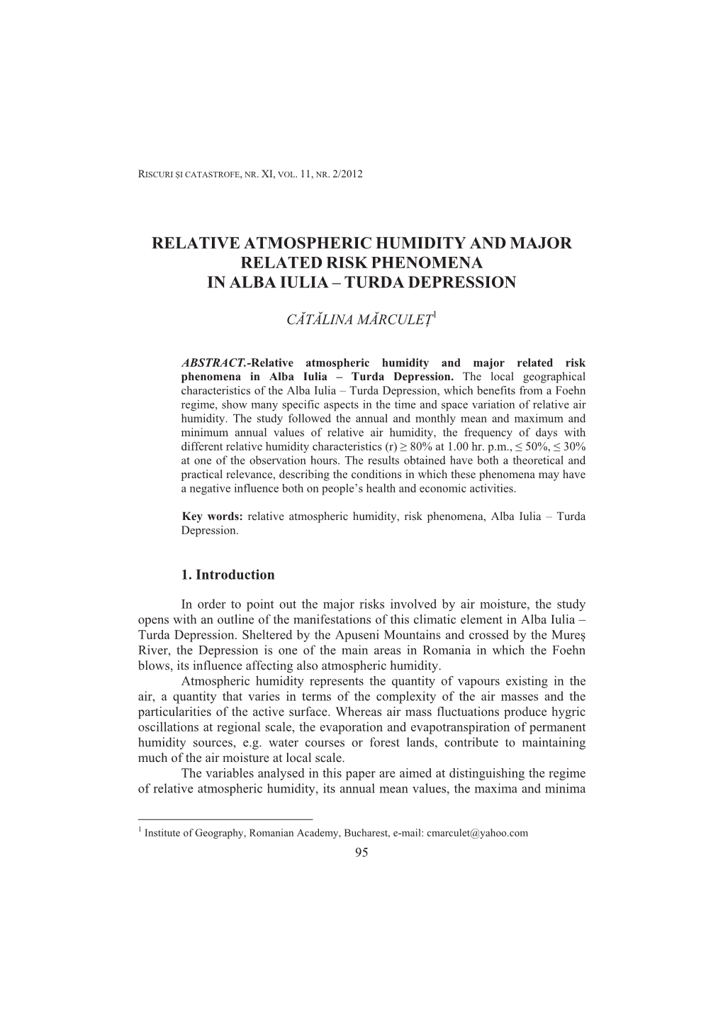 Relative Atmospheric Humidity and Major Related Risk Phenomena in Alba Iulia – Turda Depression