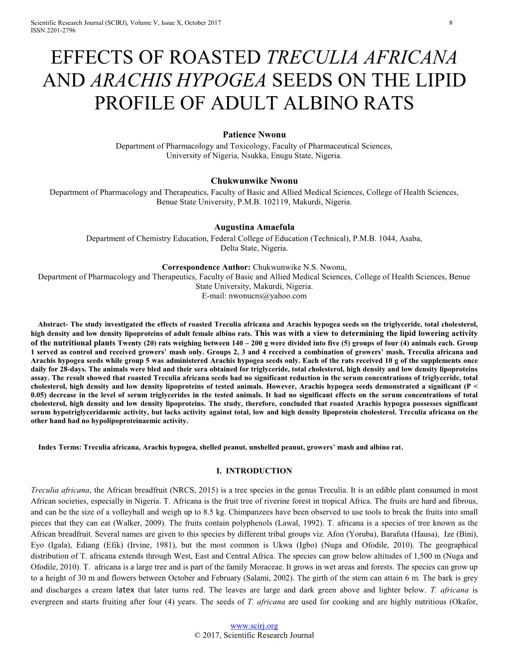 Effects of Roasted Treculia Africana and Arachis Hypogea Seeds on the Lipid Profile of Adult Albino Rats