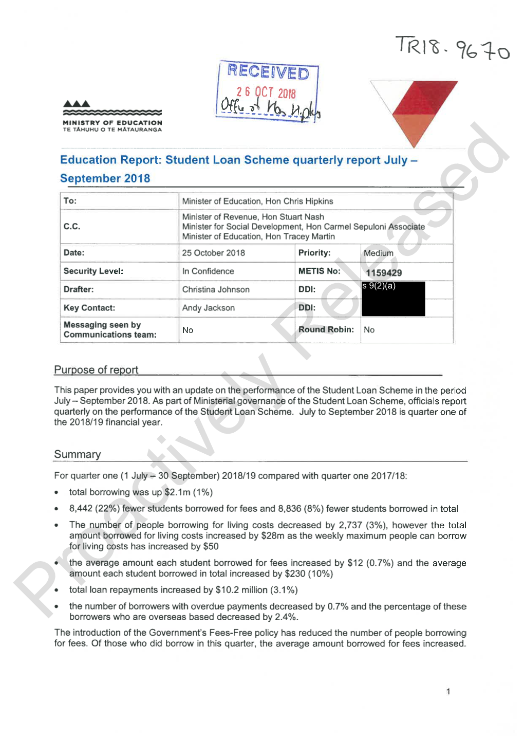 Student Loan Scheme Quarterly Report July - September 2018