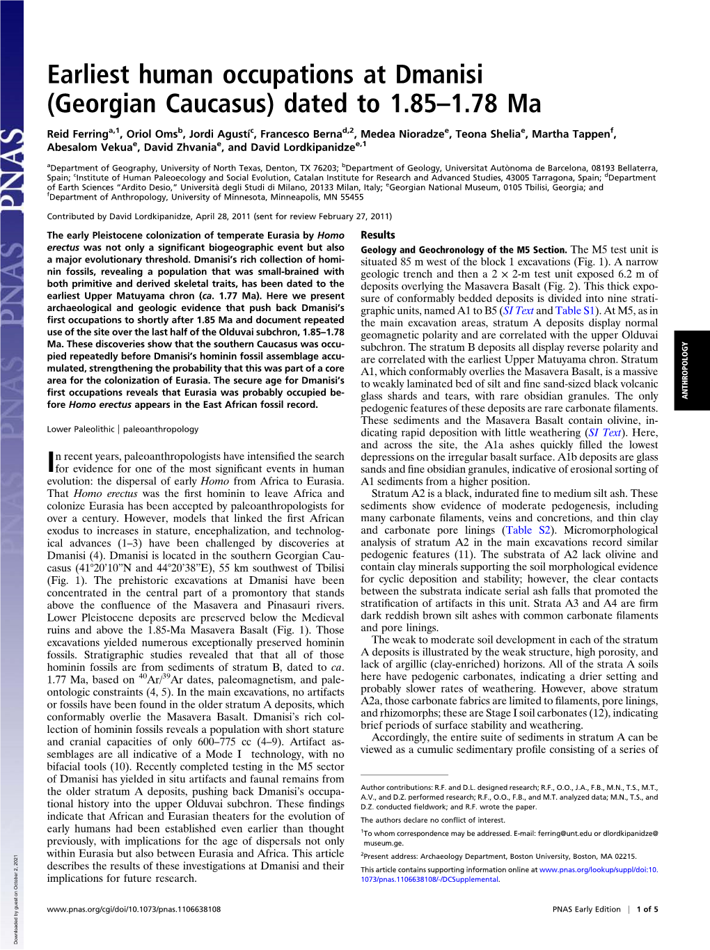 Earliest Human Occupations at Dmanisi (Georgian Caucasus) Dated to 1.85–1.78 Ma