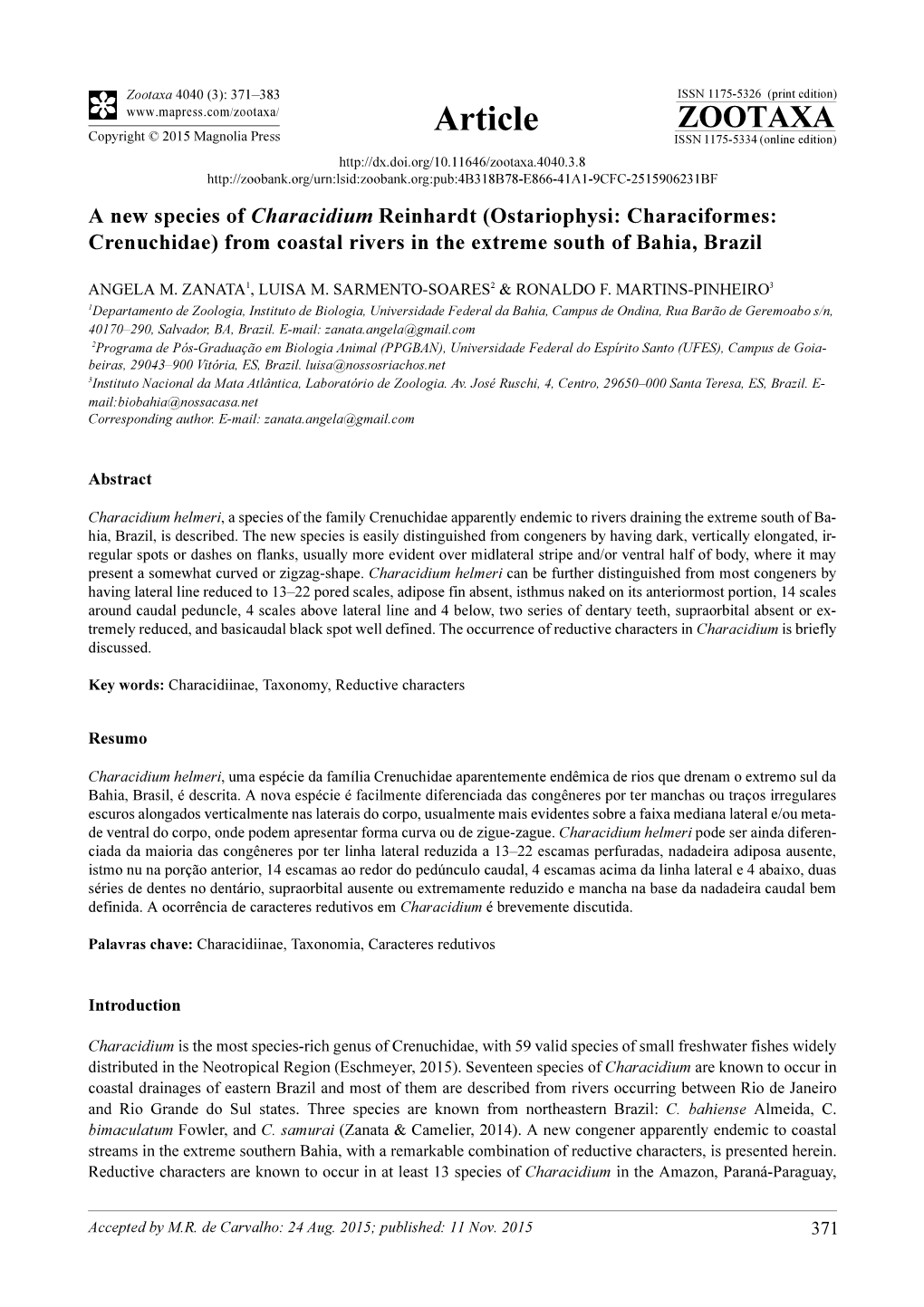 A New Species of Characidium Reinhardt (Ostariophysi: Characiformes: Crenuchidae) from Coastal Rivers in the Extreme South of Bahia, Brazil