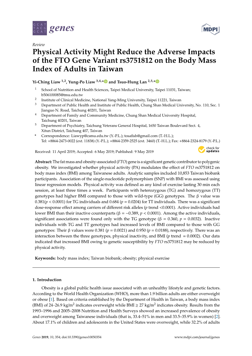 Physical Activity Might Reduce the Adverse Impacts of the FTO Gene Variant Rs3751812 on the Body Mass Index of Adults in Taiwan