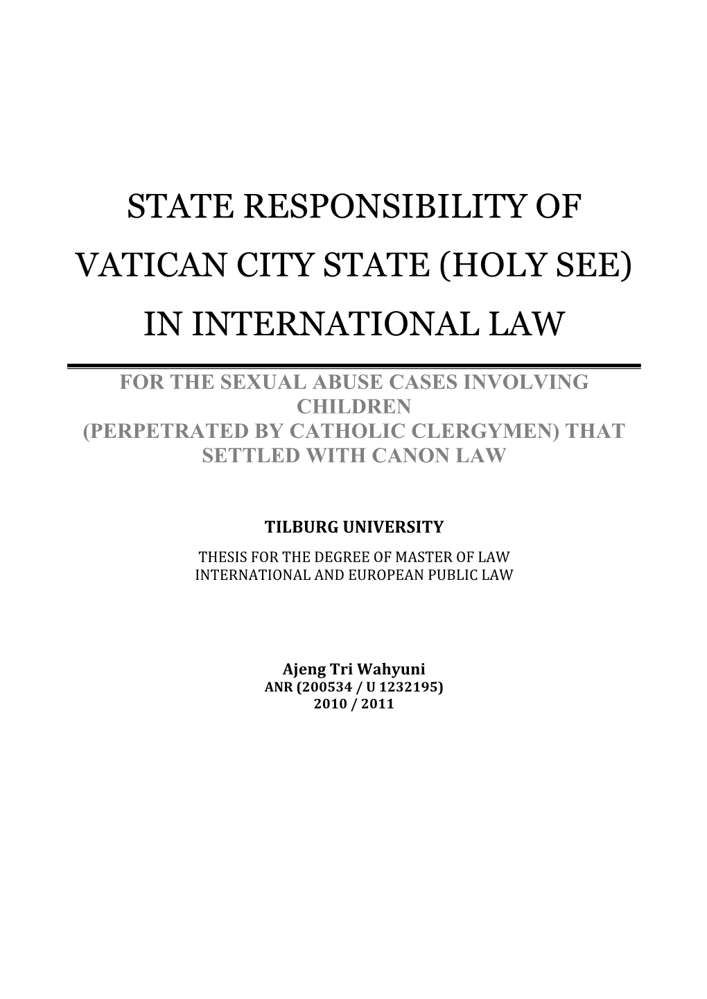 State Responsibility of Vatican City State (Holy See) in International Law