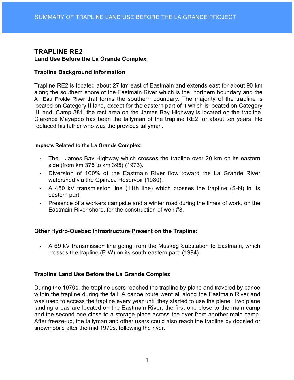 Trapline Land Use Before the La Grande Project