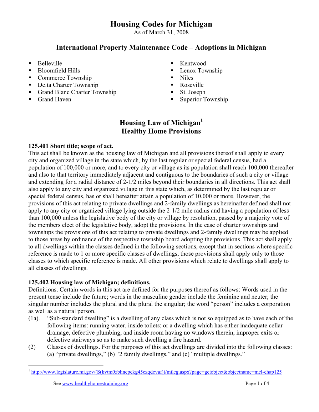 Housing Codes for Michigan As of March 31, 2008