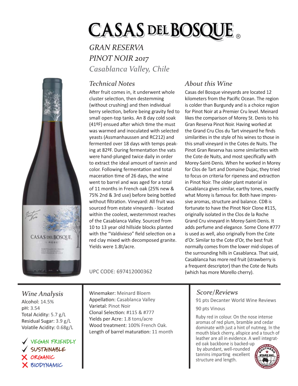 GRAN RESERVA PINOT NOIR 2017 Casablanca Valley, Chile