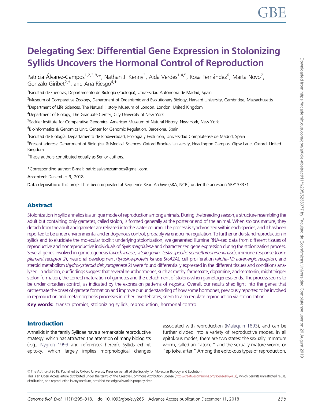 Delegating Sex: Differential Gene Expression in Stolonizing Syllids