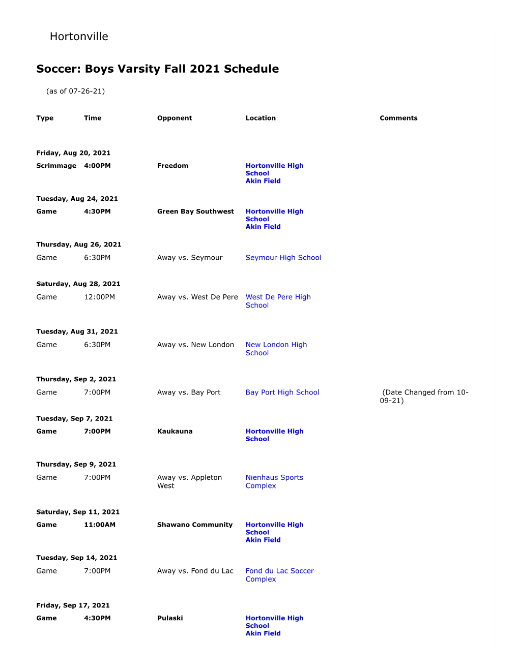 Hortonville Soccer: Boys Varsity Fall 2021 Schedule