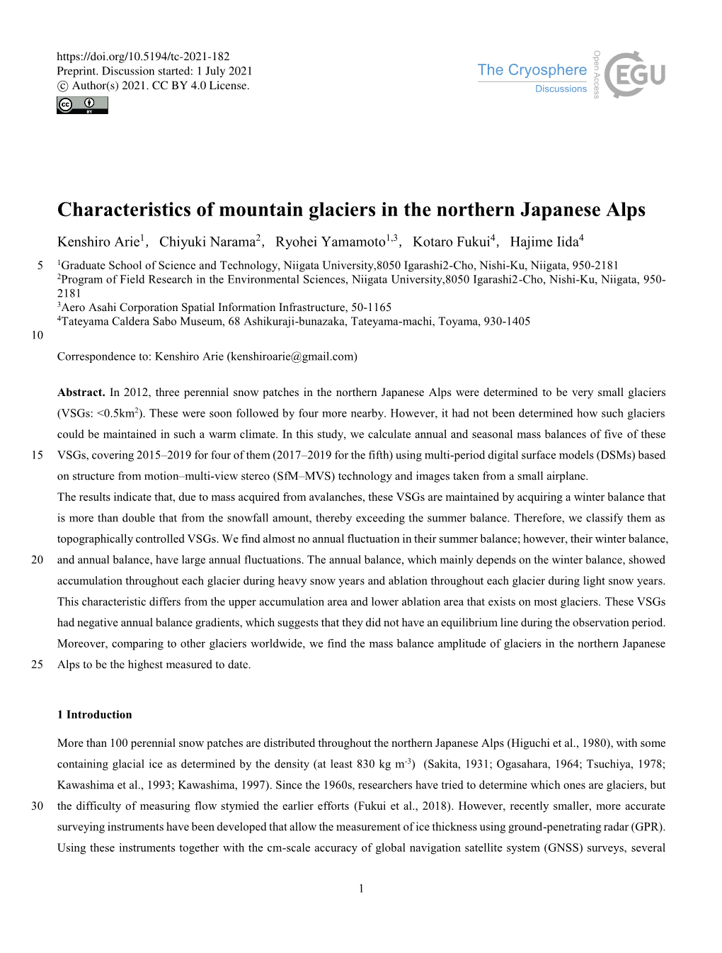 Characteristics of Mountain Glaciers in the Northern Japanese Alps