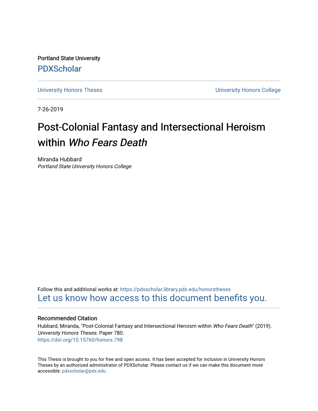 Post-Colonial Fantasy and Intersectional Heroism Within Who Fears Death