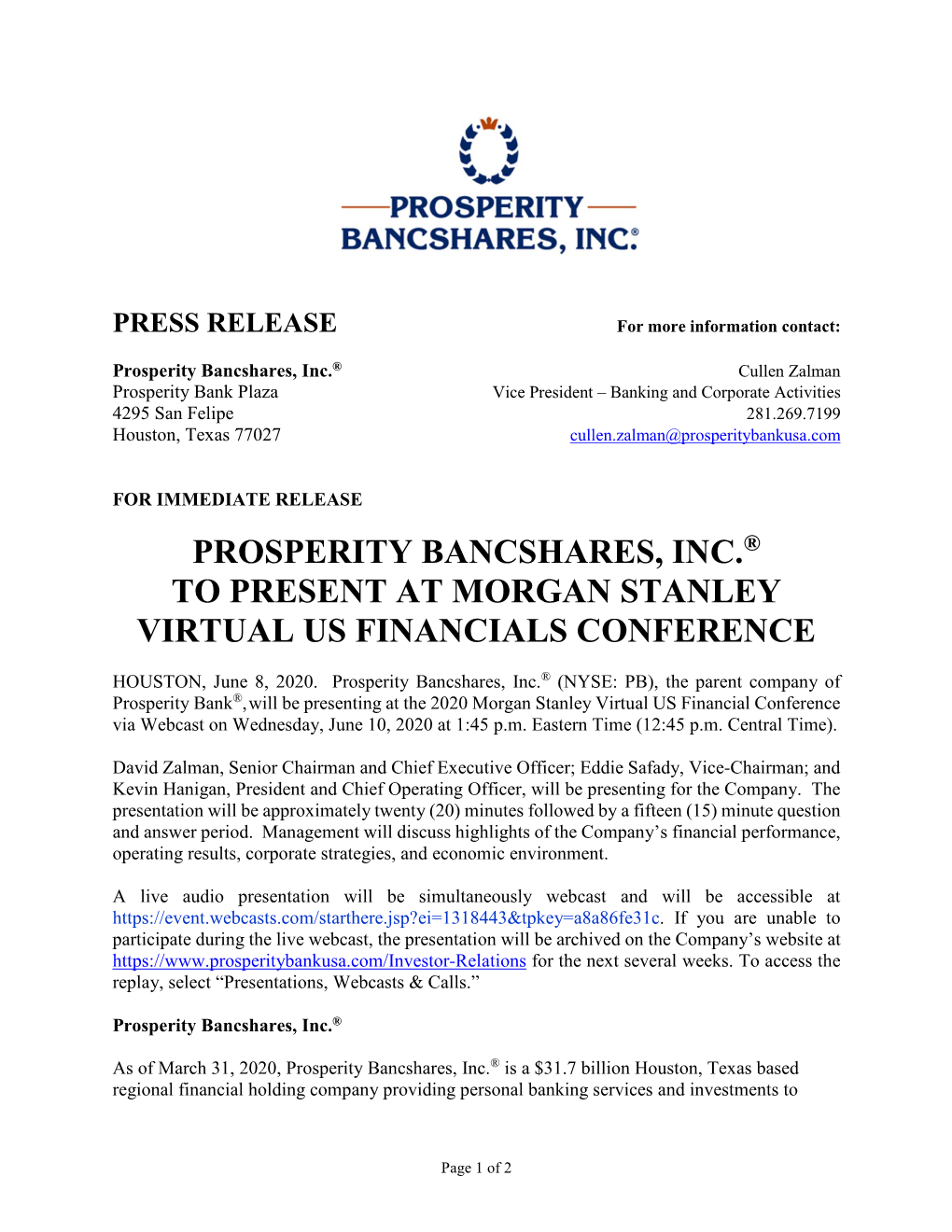 PROSPERITY BANCSHARES, INC. ® to Present at Morgan Stanley Virtual