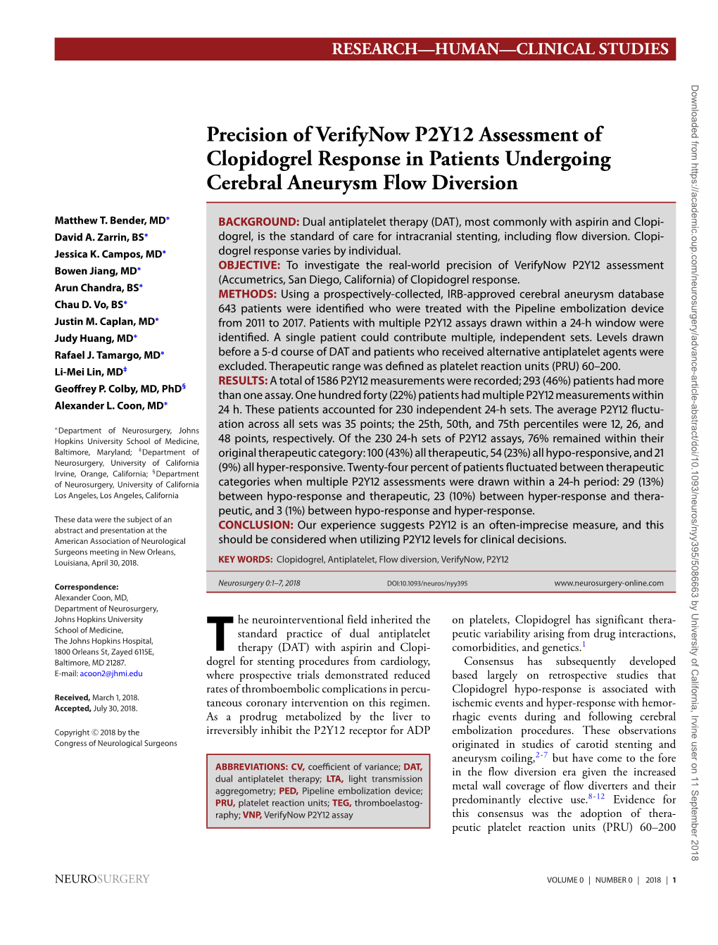 Precision of Verifynow P2Y12 Assessment of Clopidogrel Response in Patients Undergoing Cerebral Aneurysm Flow Diversion