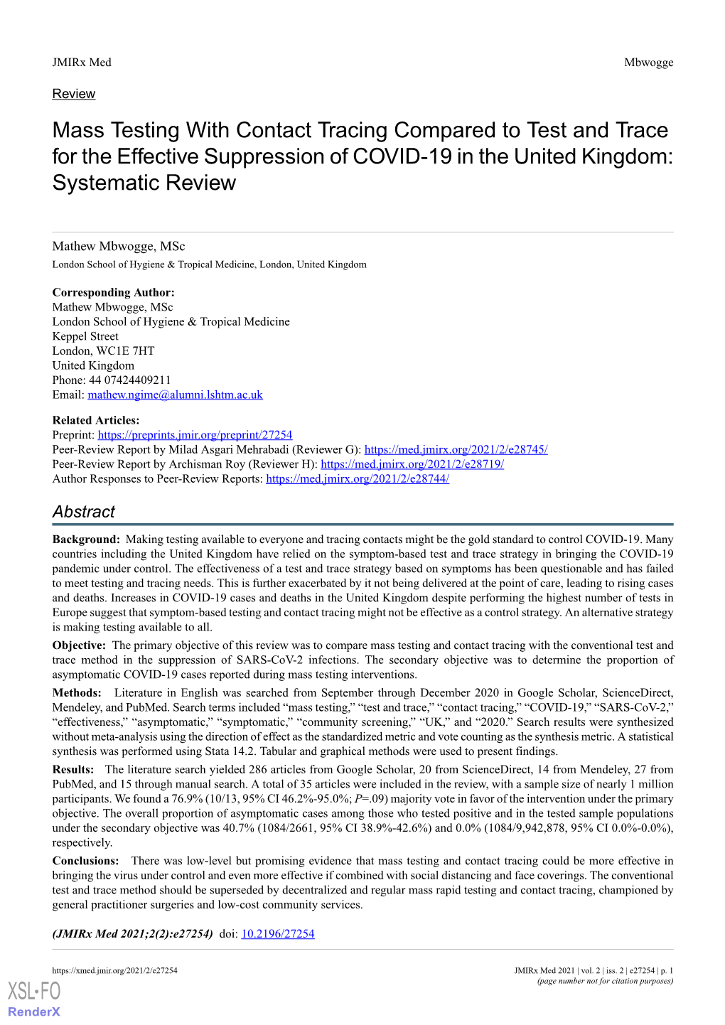 Mass Testing with Contact Tracing Compared to Test and Trace for the Effective Suppression of COVID-19 in the United Kingdom: Systematic Review