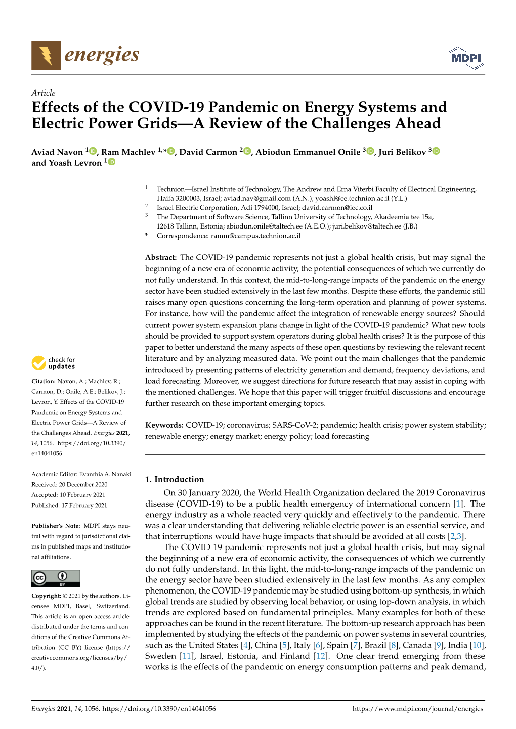 Effects of the COVID-19 Pandemic on Energy Systems and Electric Power Grids—A Review of the Challenges Ahead