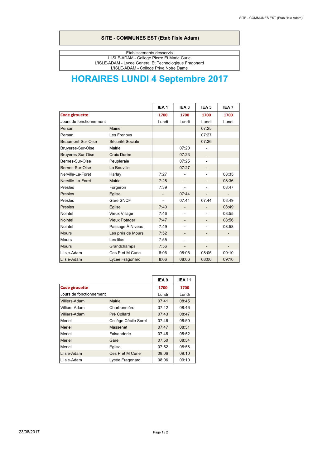 HORAIRES LUNDI 4 Septembre 2017
