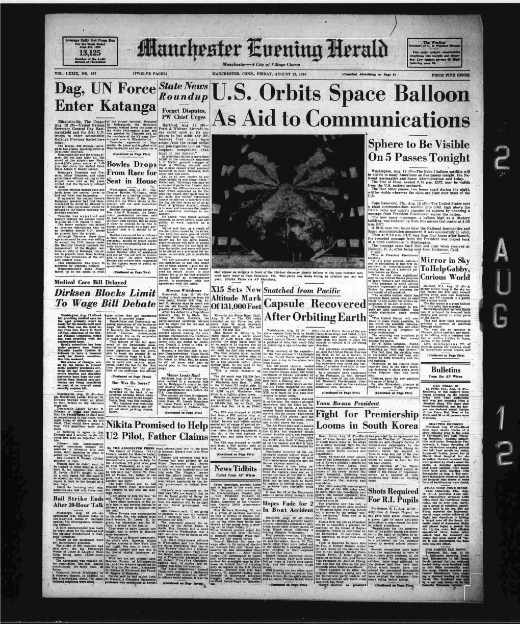 U. S. Orbits Space Balloon As Aid to Communications