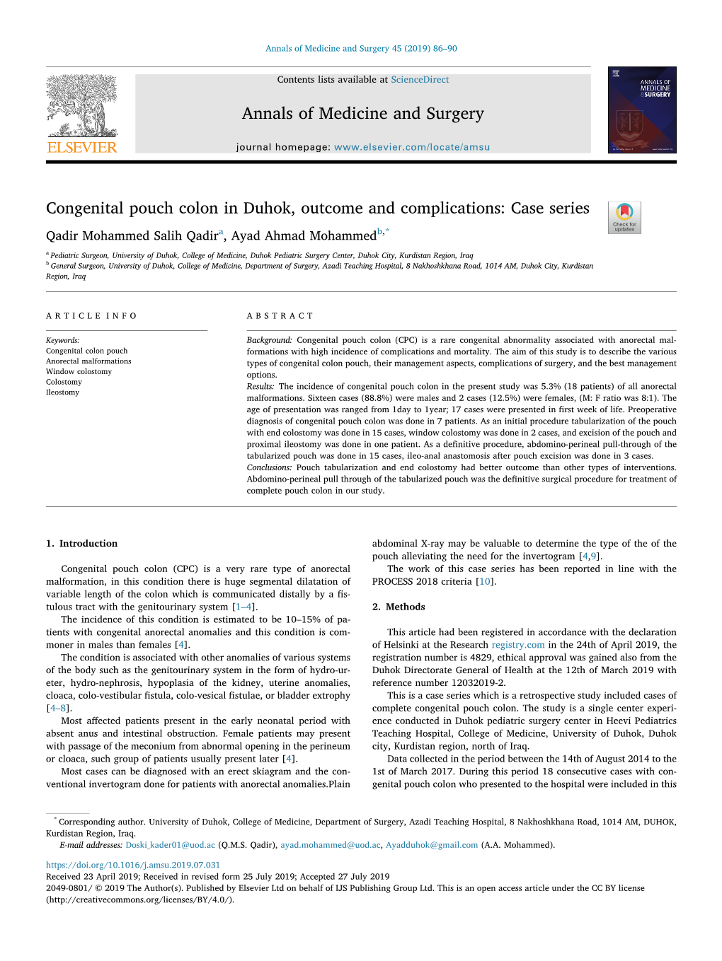 Congenital Pouch Colon in Duhok, Outcome and Complications Case Series