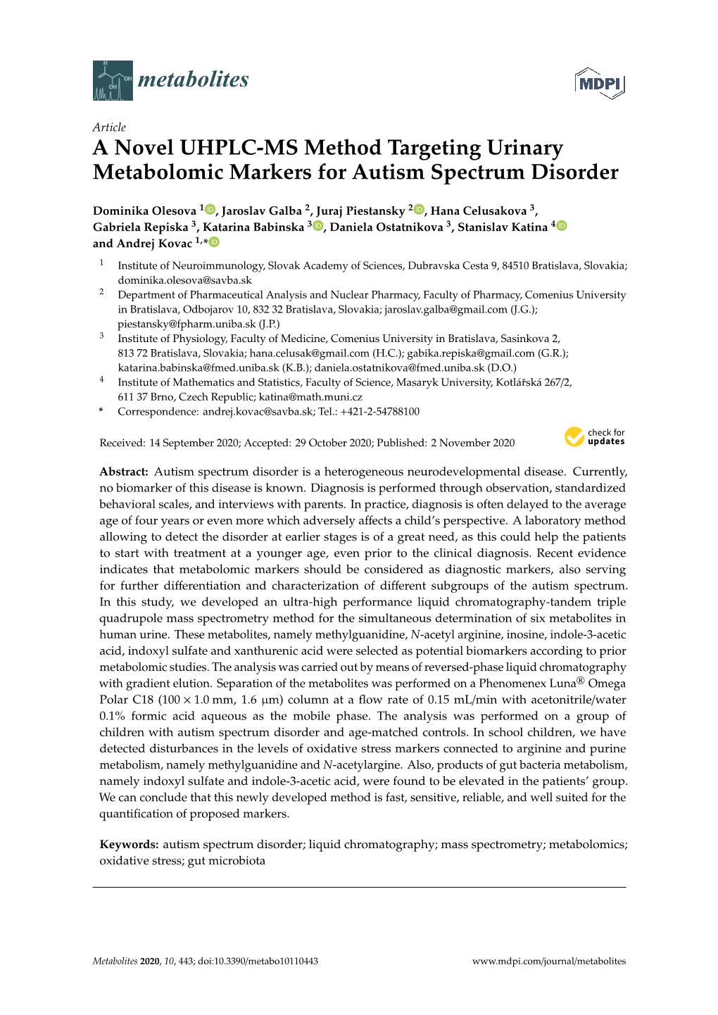 A Novel UHPLC-MS Method Targeting Urinary Metabolomic Markers for Autism Spectrum Disorder