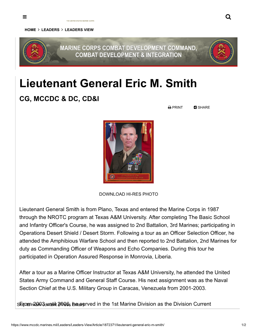 Lieutenant General Eric M. Smith CG, MCCDC & DC, CD&I  PRINT  SHARE