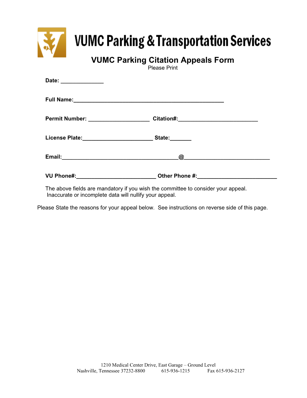 VUMC Traffic Citation Appeals Form