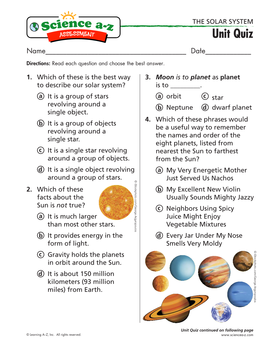 The Solar System—Unit Quiz Continued Name______Date______