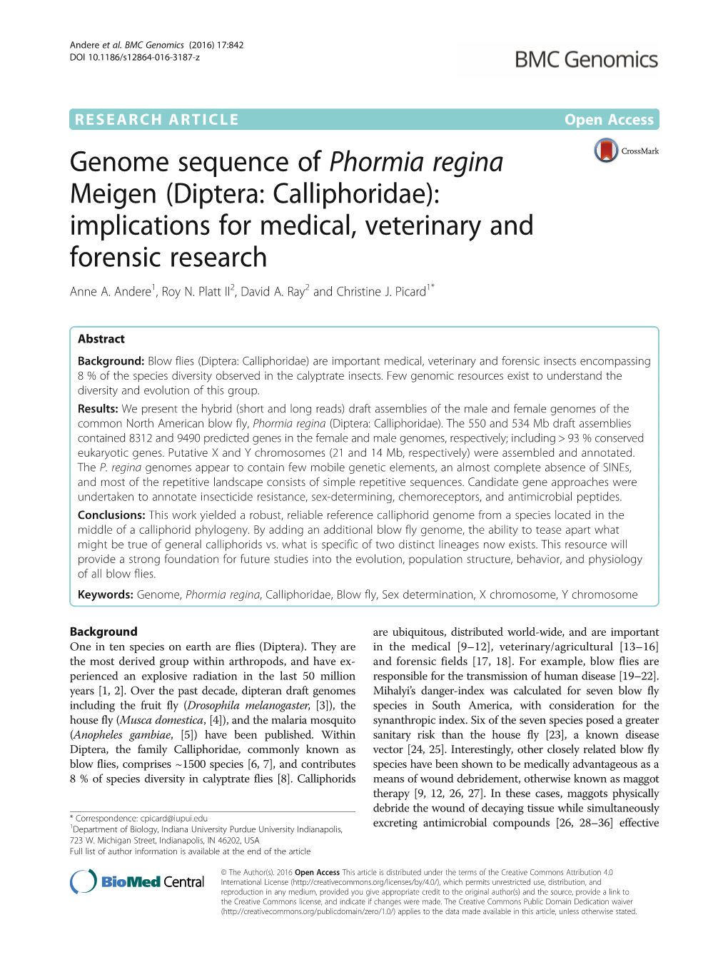 Genome Sequence of Phormia Regina Meigen (Diptera: Calliphoridae): Implications for Medical, Veterinary and Forensic Research Anne A